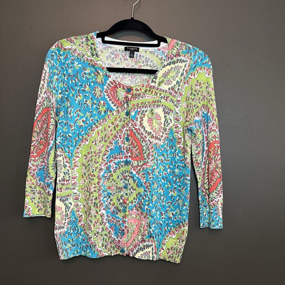 Talbots Cardigan Sweater Size Small‎ Petite SP Paisley Floral Knit Green Blue